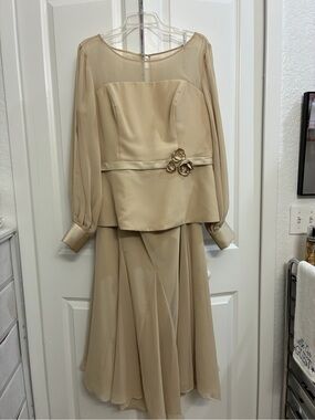 Alfred Angelo Beige Chiffon Overlay Midi Dress with Rosette Detail